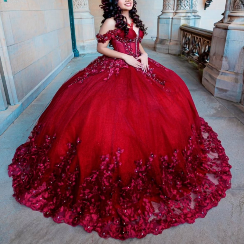 Red Shiny Quinceanera Dresses Off The Shoulder Applique Bow Beading Crystal Party Birthday Sweet 16 Dress Vestidos 15 Anos