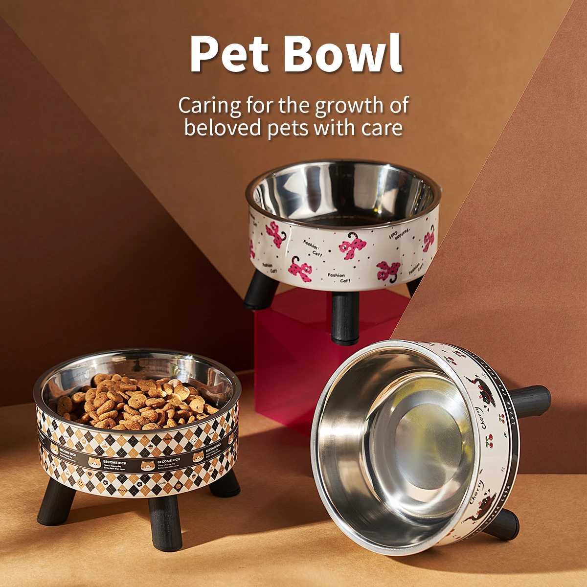 A fashion printed stainless steel pet bowl for feeding and water highlegged cat bowl with neck protection cartoon feeding dog J251113