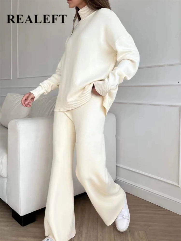 Autumn Winter 2 Pieces Women Sets Knitted Tracksuit Turtleneck Sweater and Straight Jogging Pants Suits 251028