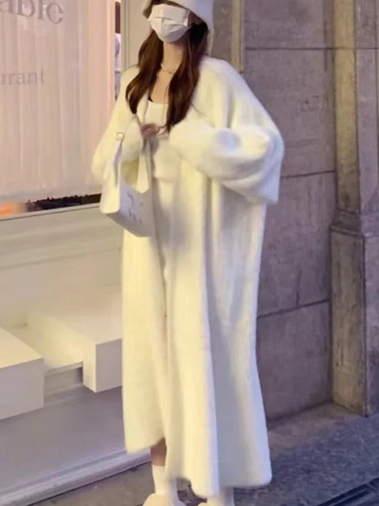 AutumnWinter Lazy Style Warm Knee Length Thickened Women Cardigan Pure Mink Fleece Knitted Sweater Coat 251028