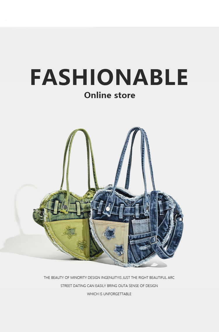 new Denim bag high-end sense large-capacity underarm bag niche design love washed denim shoulder bag oblique span women's bag
