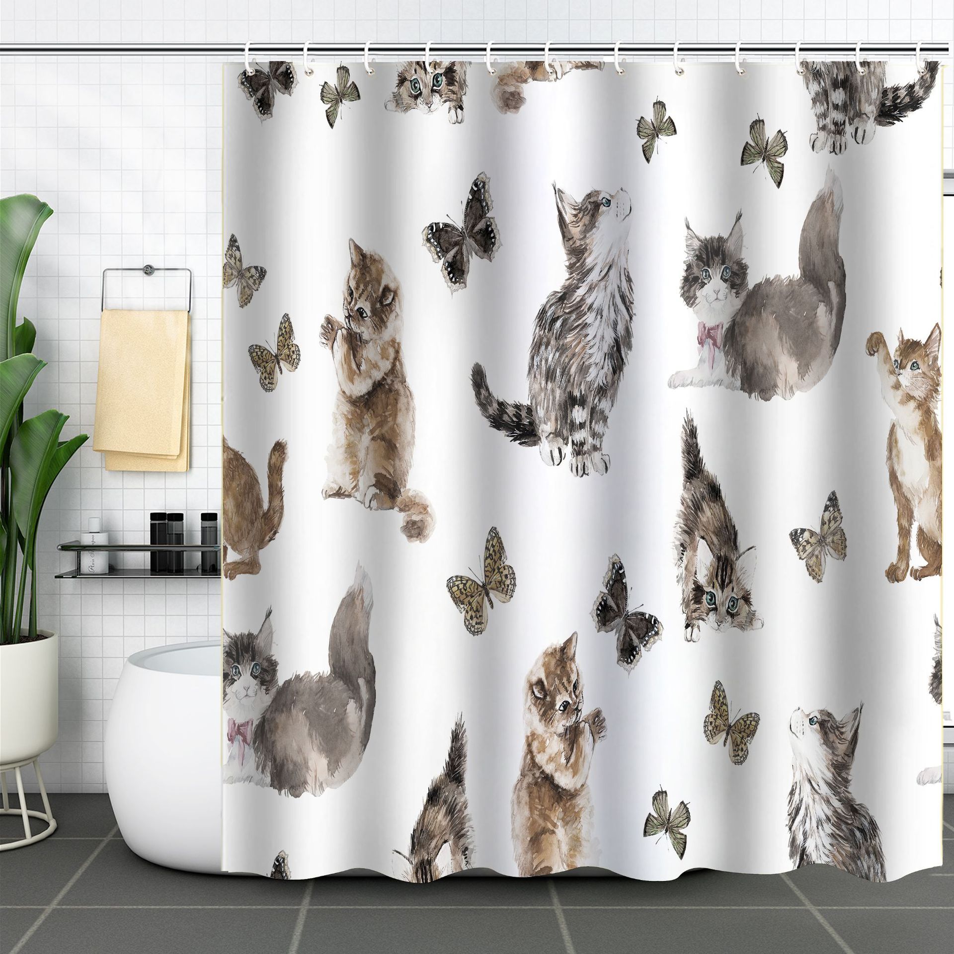 YL-37587 3D Digital Shower Curtain for Kitty Bathing, Bathroom Dry and Wet Separation, Polyester with Hooks, Isolation Curtain