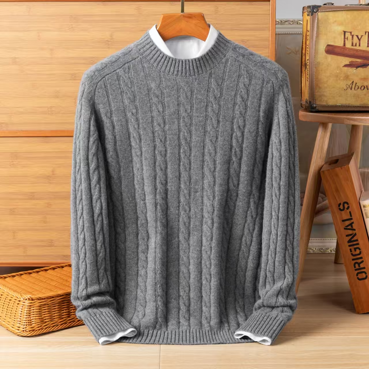 Warm Mens Full-Cashmere Round Collar Pullover with Sleek Design Available in Multiple Colors