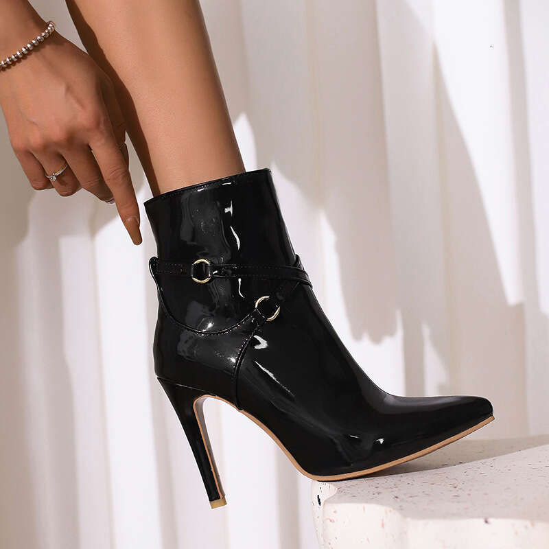 Women's Bury Red Pointed Toe Stiletto Ankle With Belt Buckle & Side Zipper Thick Platform-Like Heel Hidden Lift, PU Glossy Winter Boots For Parti