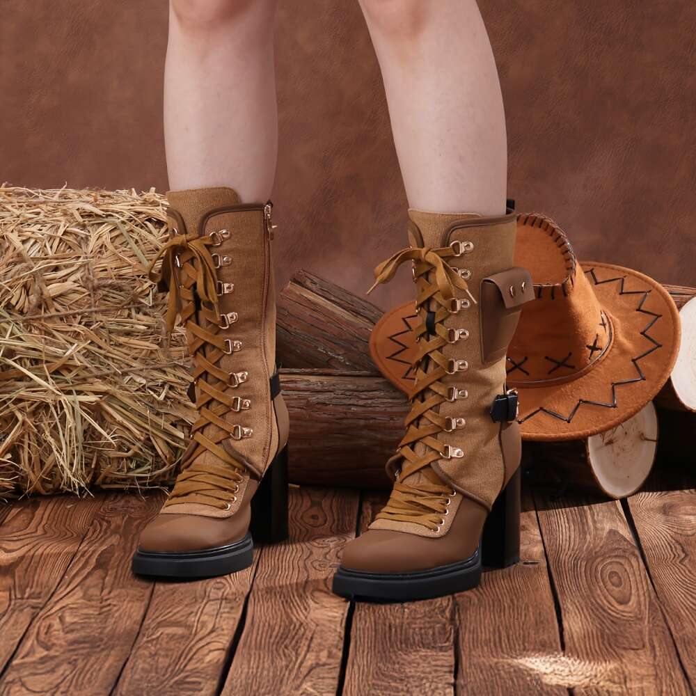 Women's Wide Calf Thigh-High Boots Feature Buckle Strap And Chunky Block Heel, Ideal Those Looking Over-The-Knee Lace-Up Riding Or Combat Styles 