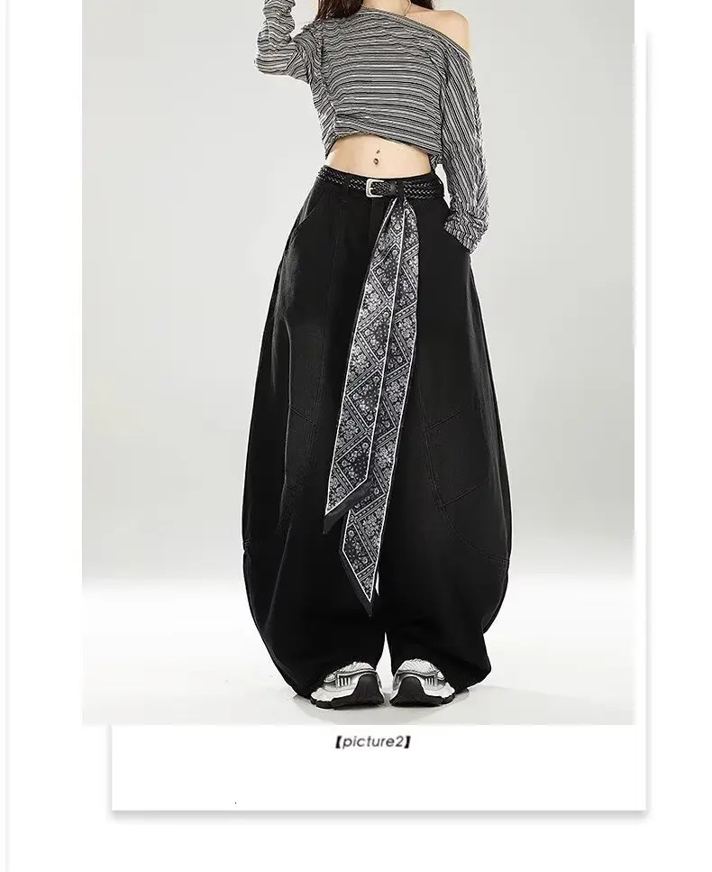 Americanstyle high street stitching curved blade womens jeans Y2K fashionable Ins scarf large size loose wide leg pants 251029
