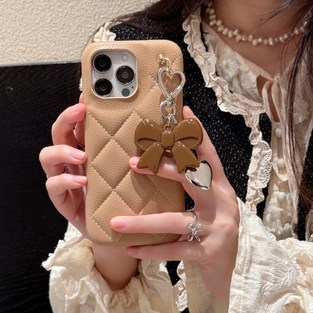 Bowknot Heart Pendant Solid Color Quilted Pattern Phone Case Compatible with iPhone 17/16 Pro 15 Simple