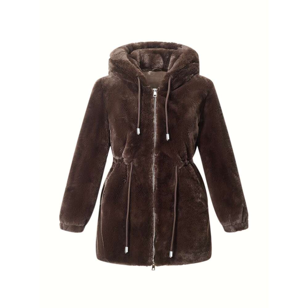 Women S Elegant Cream Faux Fur Hooded Jacket Casual Fall Winter Outerwear With Drawstring Waist And Zipper Pockets