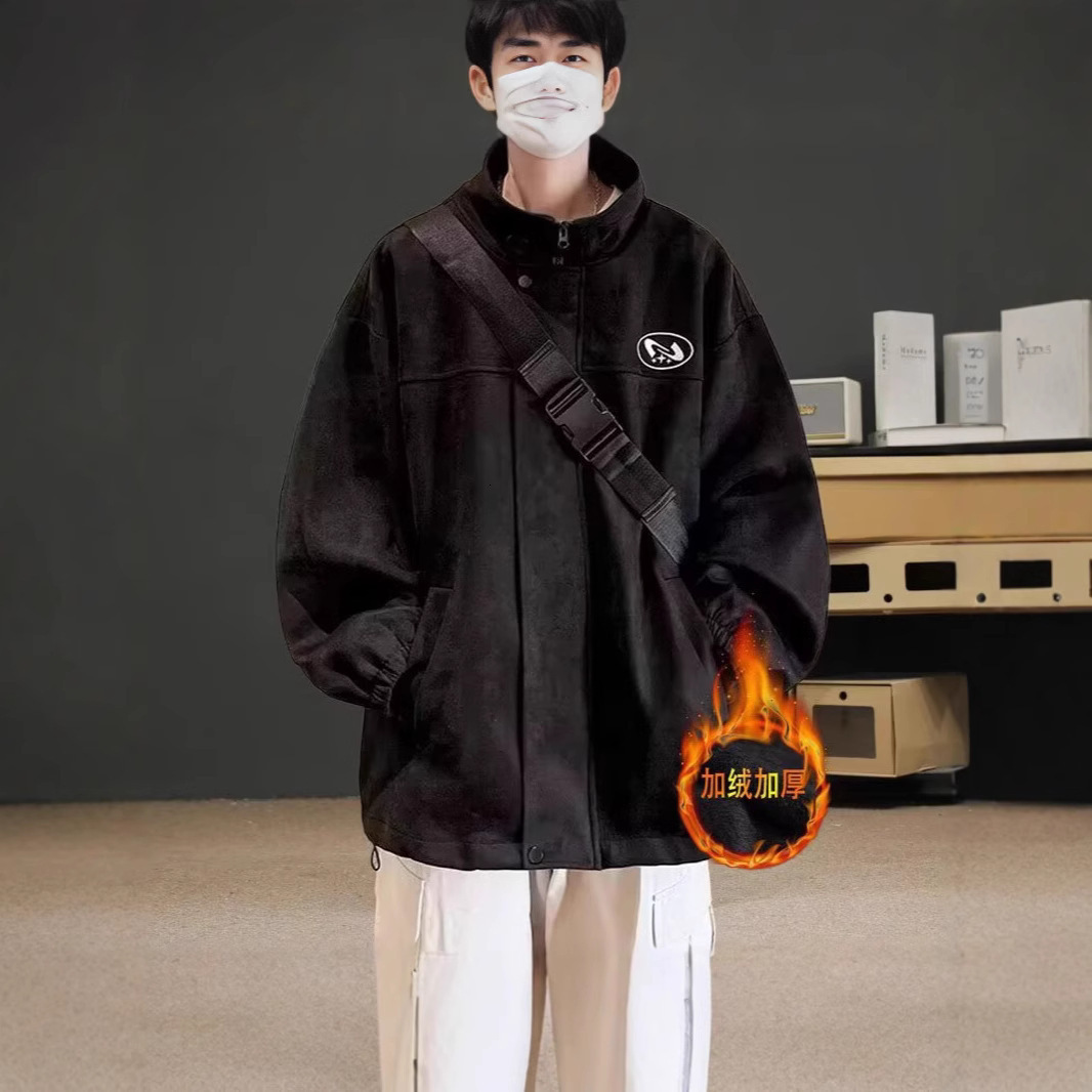 American Style Stand Collar Suede Jacket Men's Autumn Winter Fleece Lined Designer Coat Workwear Top Trendy Brand Cool High-end Casual Coat