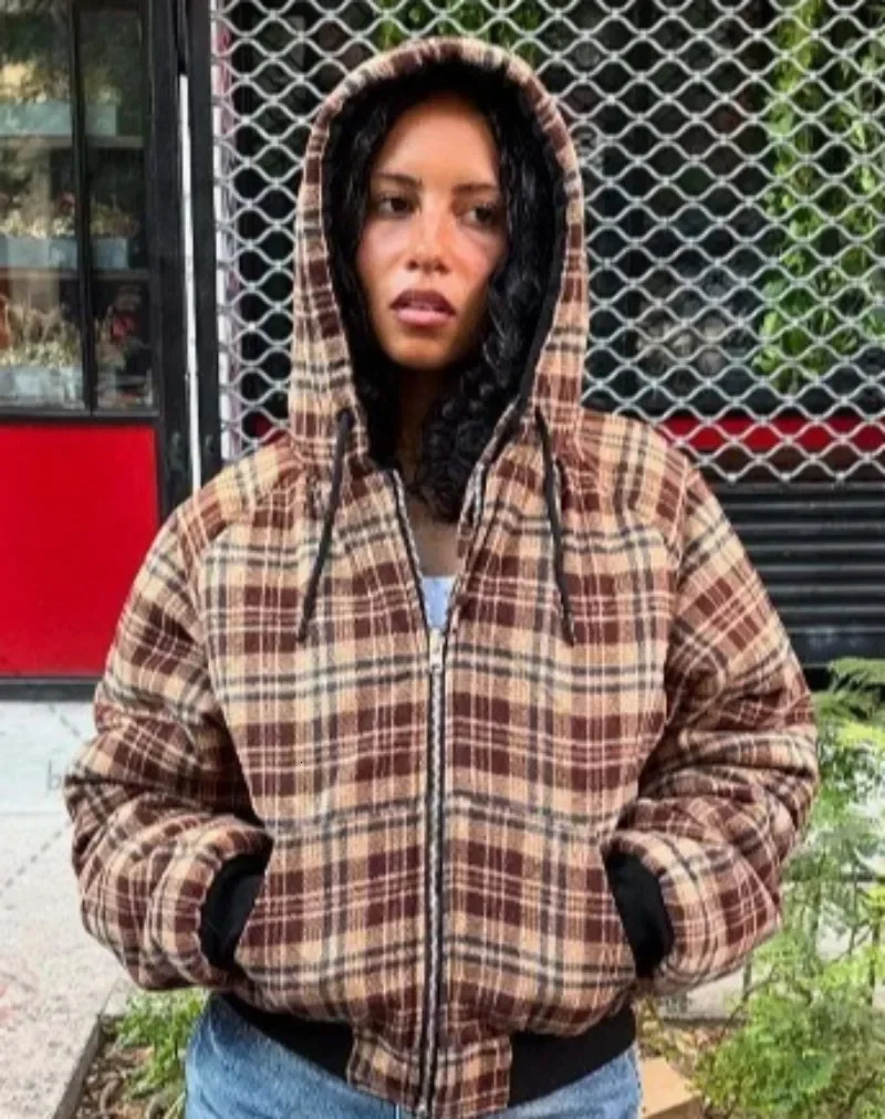 American Style Harajuku Retro Brown Plaid Reversible Fashion Zipper Hoodie Men Street Fashion Casual Loose Sweatshirt 251029