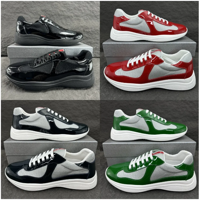 Designer Men Americas Cup Sneakers Real Leather Trainer affordable luxury trend Patent Flat Black Blue Mesh Nylon Casual Shoes 36-46