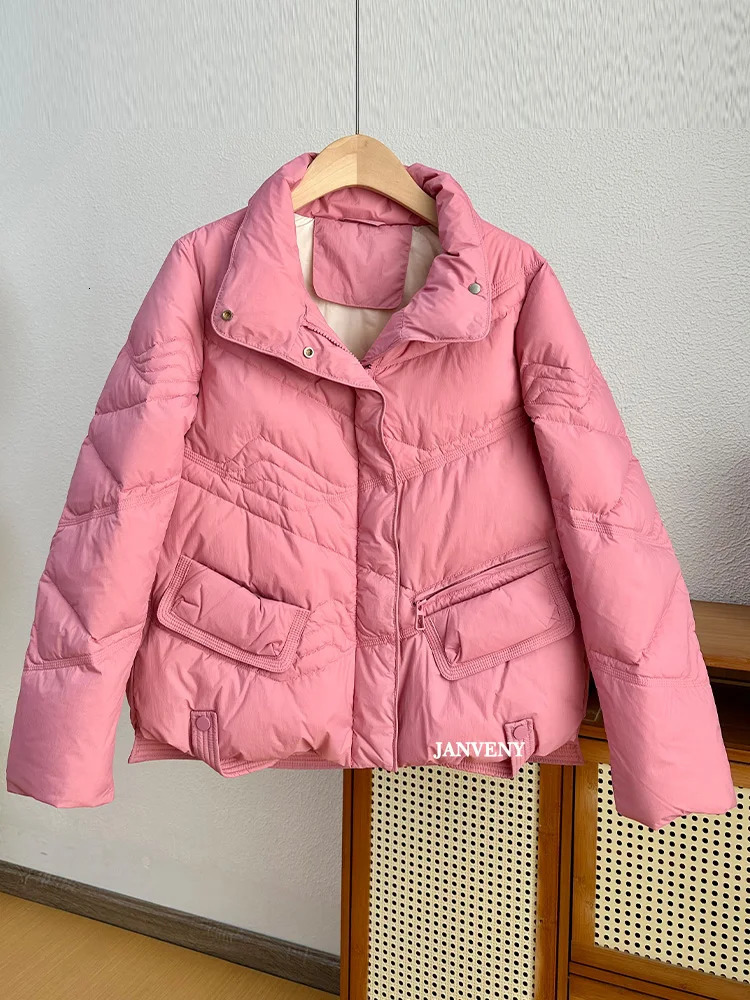 Winter Stand Collar Lightweight Puffer Coat Women Casual Loose Pocket Zipper 90 White Duck Down Cropped Jacket 251023