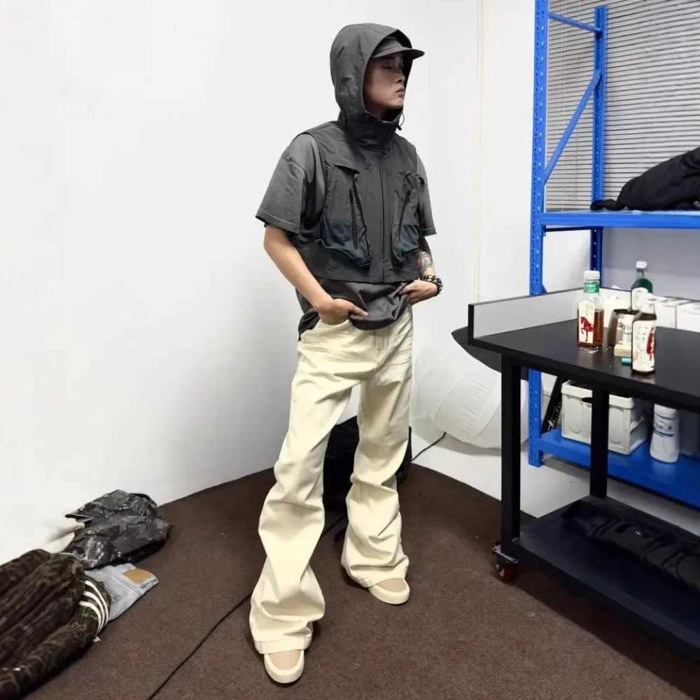 High Street Ro Style Dark Denim Pants Mens High Elasticity Floor Mopping Beige Brushed Horn Jeans Slim and Wide Leg Pants J251030