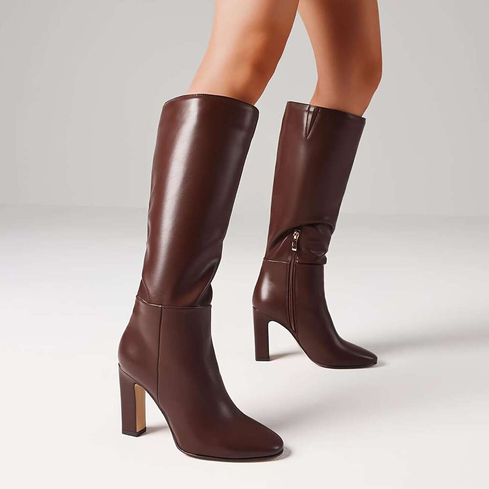 Norhea Women Mid-Calf Boots Chunky High Heel Side Zipper Round Toe Shoes PU Elegant Comfort Dress Party Booties