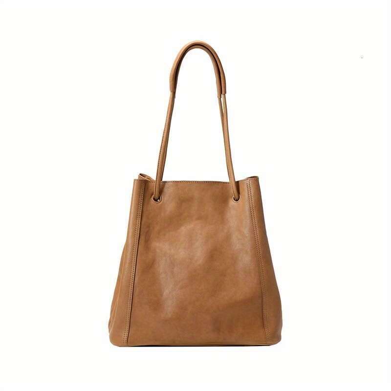 Stylish Genuine Leather Bucket Bag Capacity Retro Solid Color Shoulder Handbag With Zipper Closure, Perfect For Work And Outdoor Use 2025
