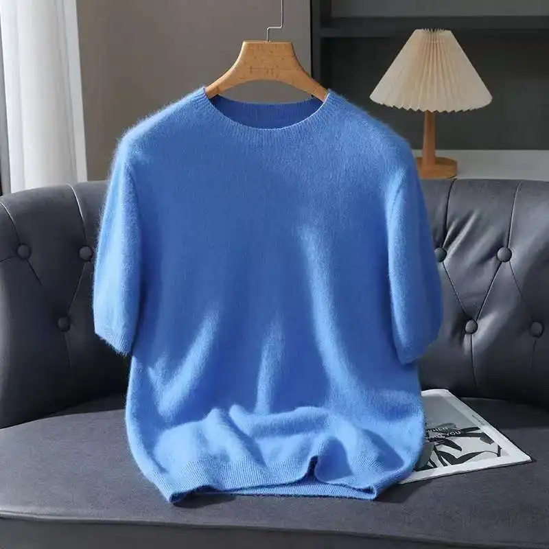 100 Mink Cashmere Knit Sweater Mens TShirt Spring Summer Loose ONeck Solid Color Casual Business Base Pullover Short Sleeve 251029