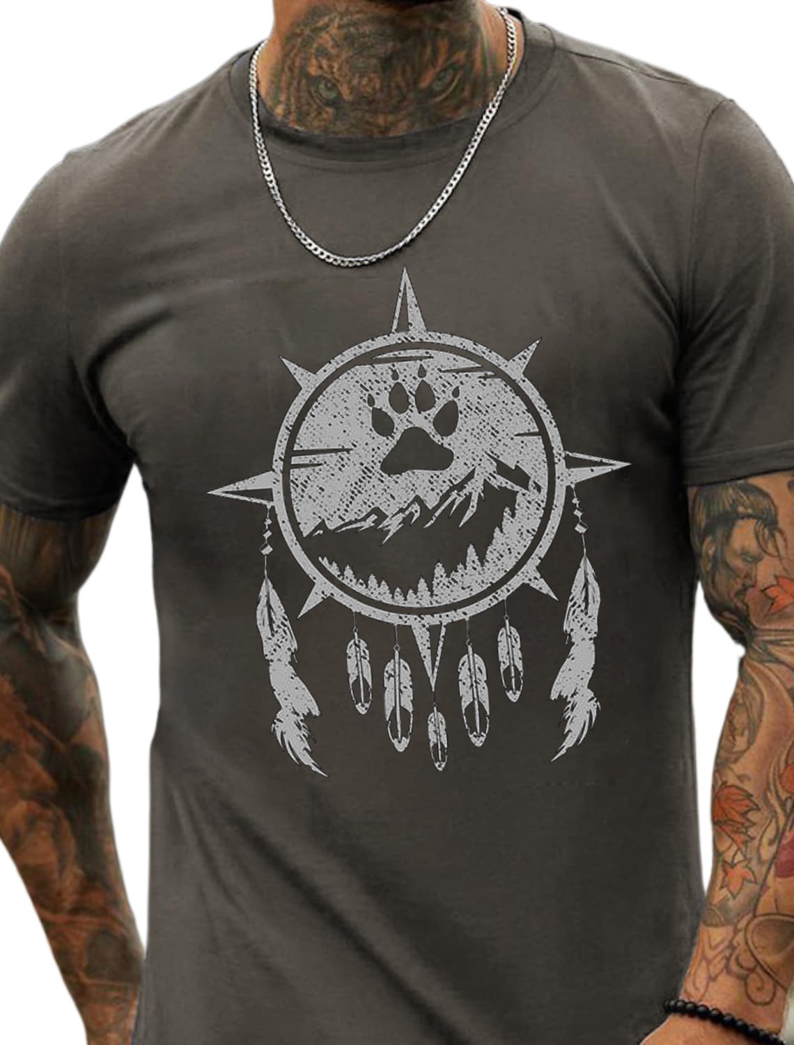 European & American Oversized Bear Paw Print Mountain Wind Chime Floral Pattern Men's Cotton Summer T-Shirt - TT7250