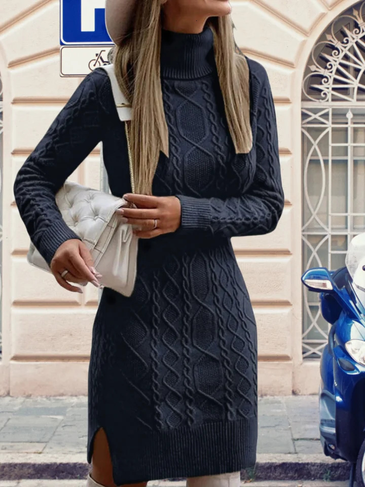 AutumnWinter Knitted Dress Womens Bag Hip Skirt High Collar Elegant Knitted Solid Color Sweater Long Sleeve Dress 251029