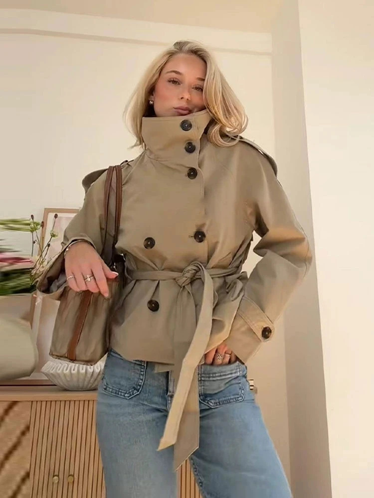 Spring Autumn Women Stand Collar Trench Coat 2025 With Belt Double Breasted Jacket High Street Long Sleeve Windbreaker Coat 251030