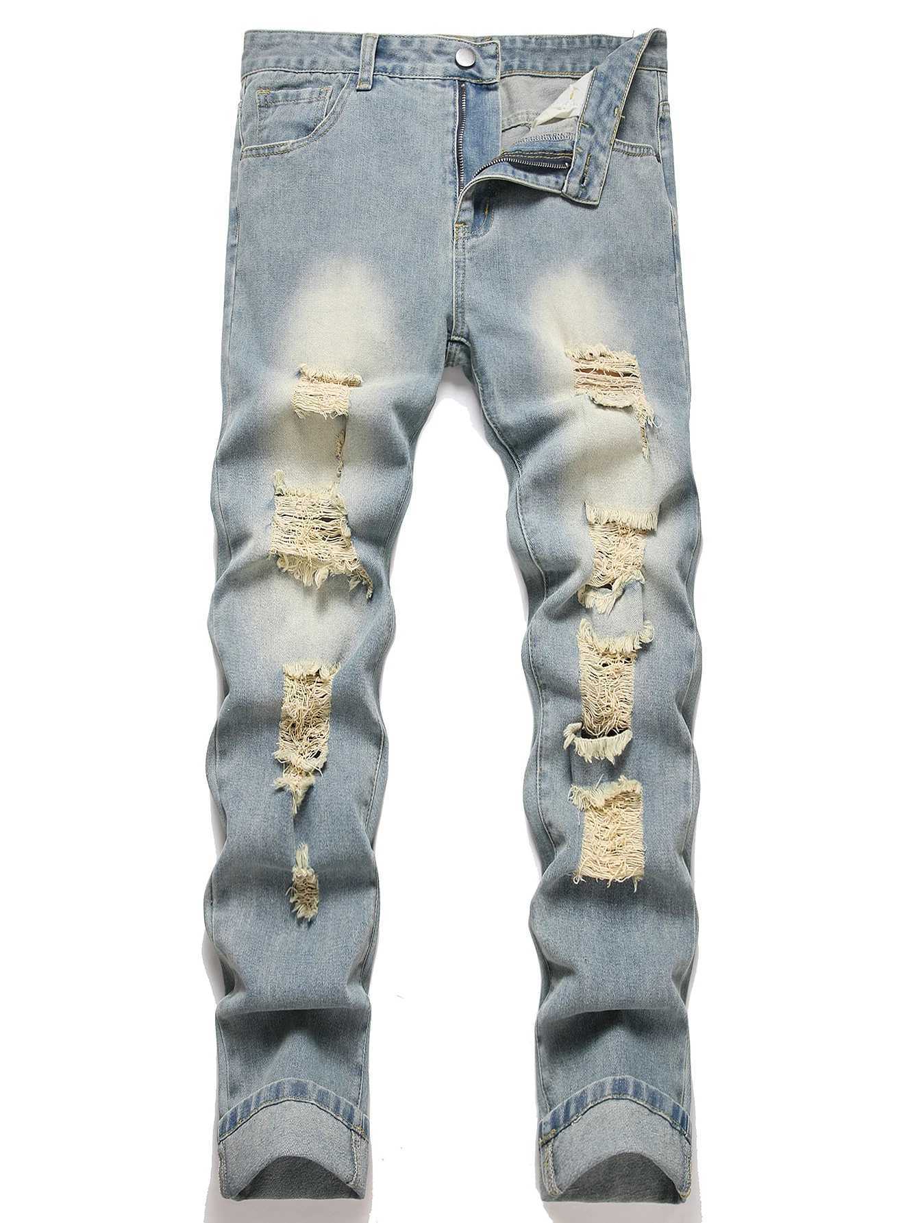 Vintage Streetwear Mens Jeans Relaxed Fit Distressed Washed Blue Mid Waist Denim Pants Straight Leg Ripped Casual Male Clothing J251030