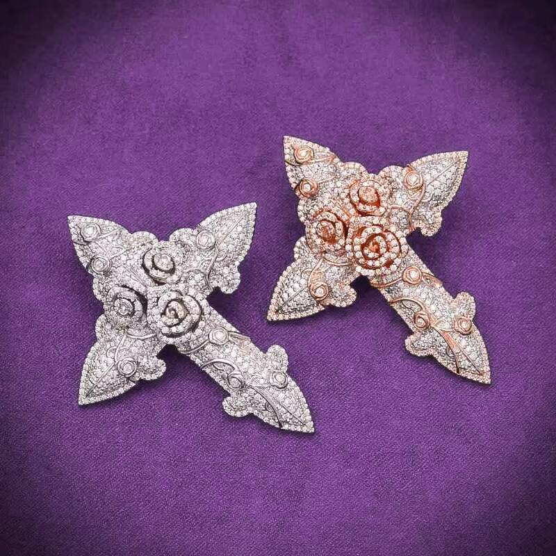 GRA D Color Moissanite Iced Out Mens Fine Cluster Flower Rose Cross Pendant With 925 Sterling Silver Pass Diamond Tester