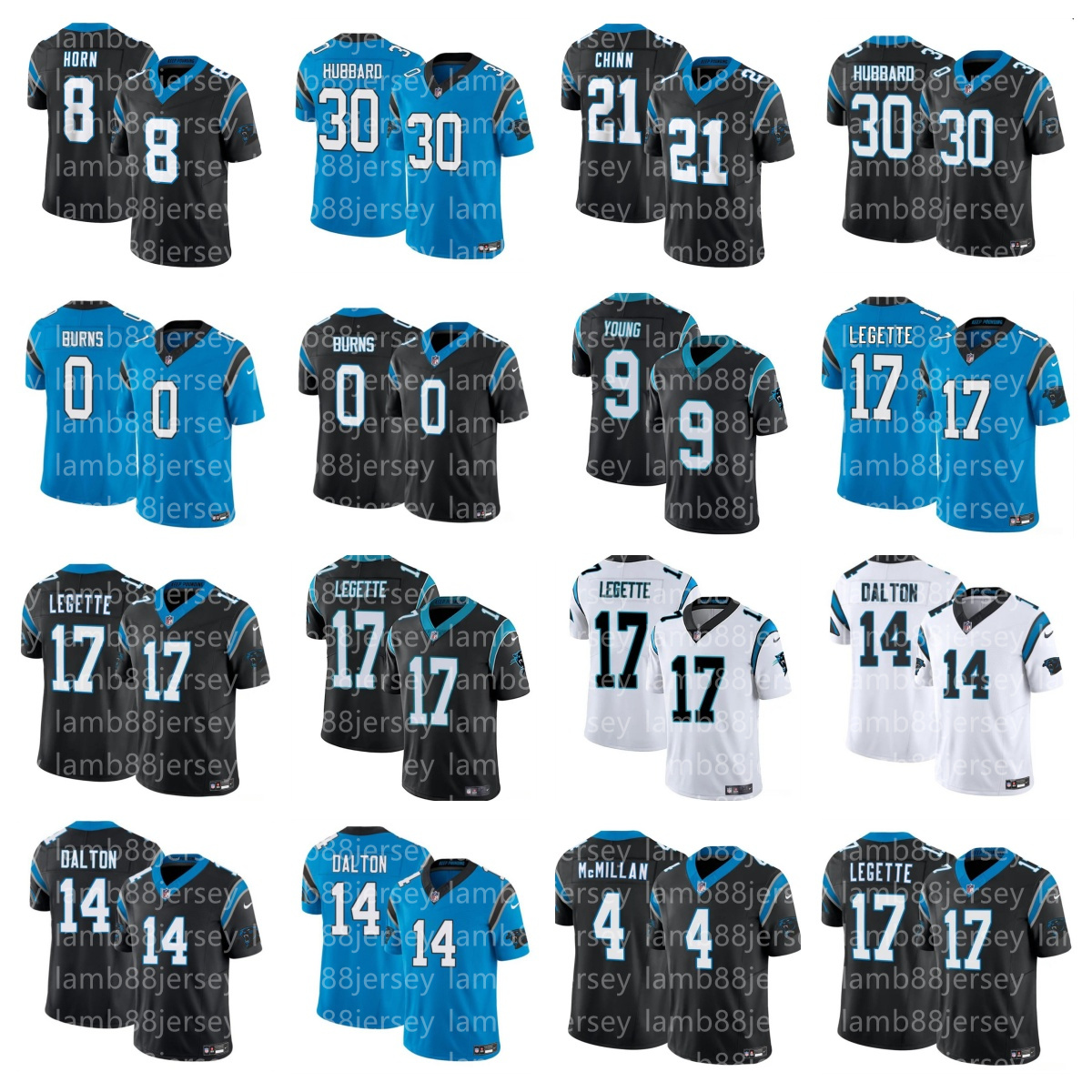 NFL Panthers Jersey Sam Mills Steve Smith Sr. 9 Young Chuba Hubbard 6 Miles Sanders Mike Boone Adam Thielen Xavier Legette Shaq Thompson 7 Jadeveon Clowney Football