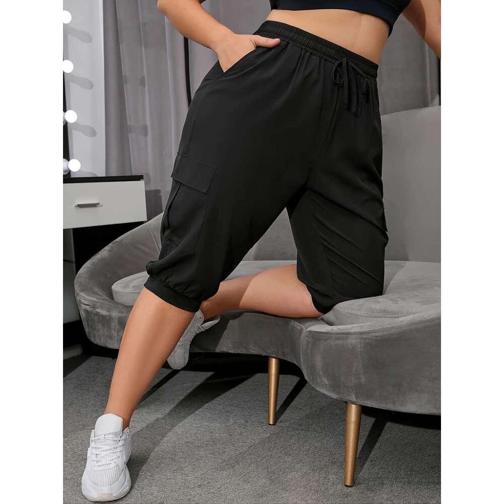 Women's Plus Size 3pcs Yoga Capri Pants with Side Flap Pockets & Drawstring Waist - Lightweight, Breathable Casual Sportswear