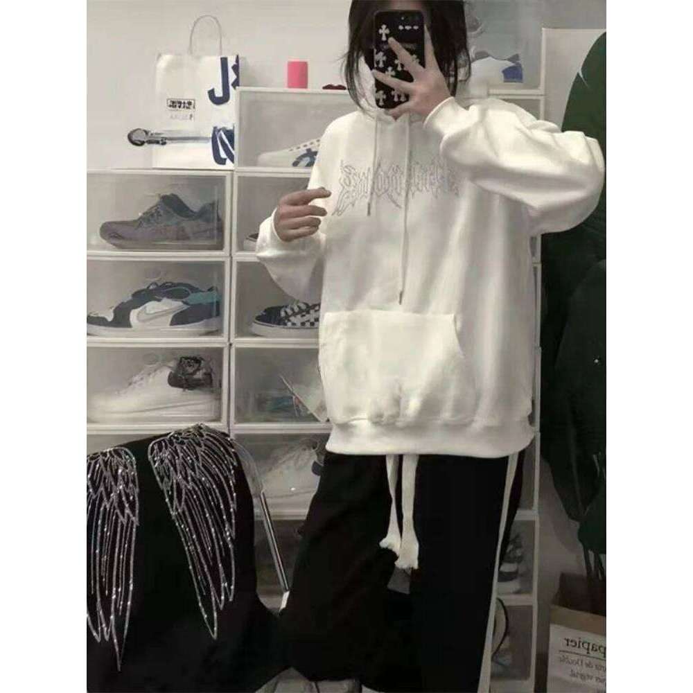 Warm Loose Baggy Sequin Rhinestone Hoodies Autumn And Winter Black Female Top Thick Cold Glitter Women's Hooded Sweatshirts Xxl