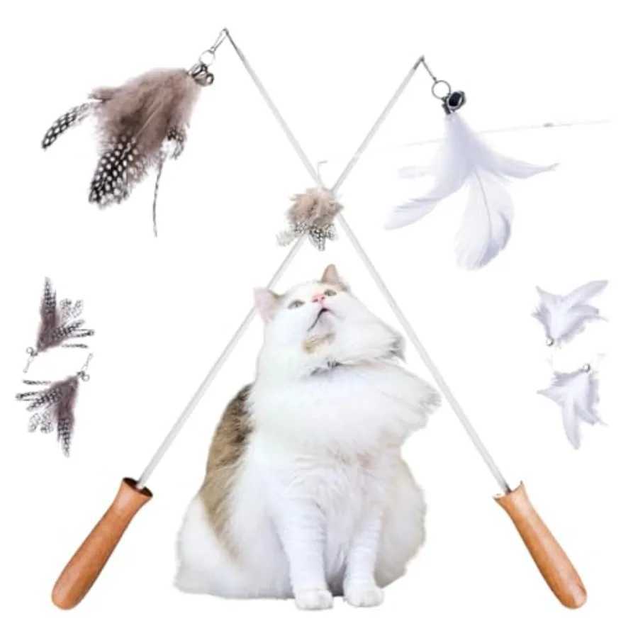 Cat Wand Toy Set 2 Feather Teaser Wands with 4 Interchangeable Refills 27 ible Wire Wooden Handle Interactive Play for Indoor C S251029{category}