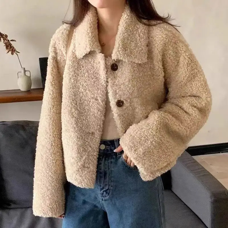 Women Autumn Winter Double Fleece Warm Thicken Jacket Turndown SingleBreasted Short Outerwear Loose Fashion Casual Overcoat 251028