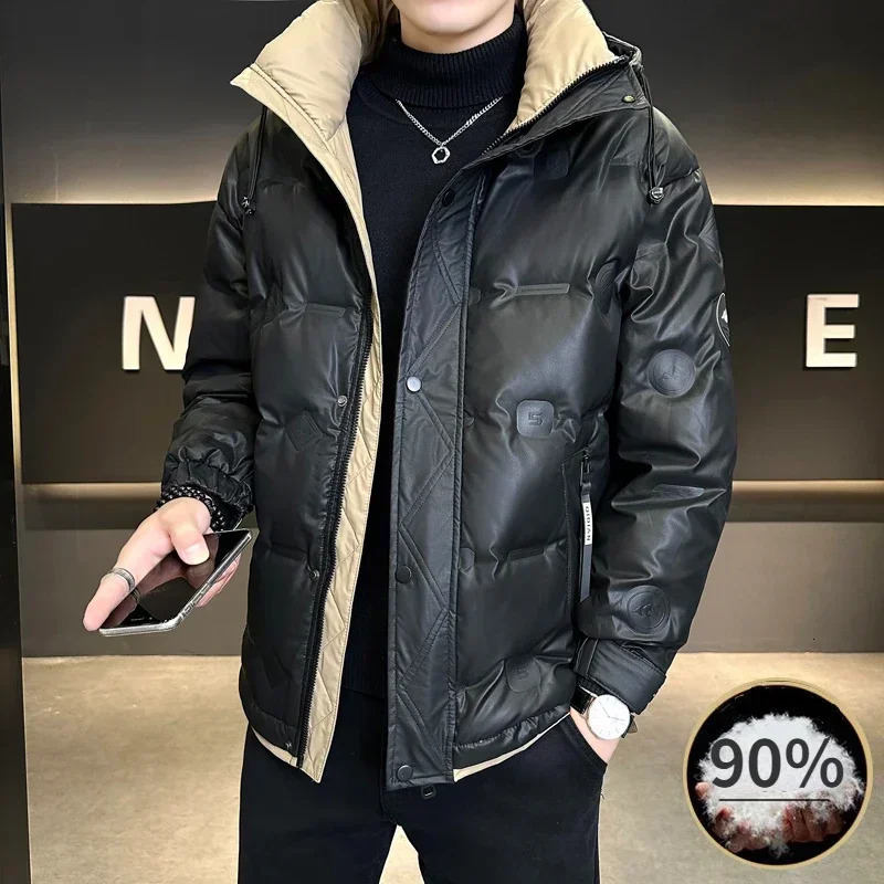 Winter White Duck Down Jacket Mens Light Trendy Leather Windproof Warm Down Jacket Men Clothes Casual Hooded Coat 251023