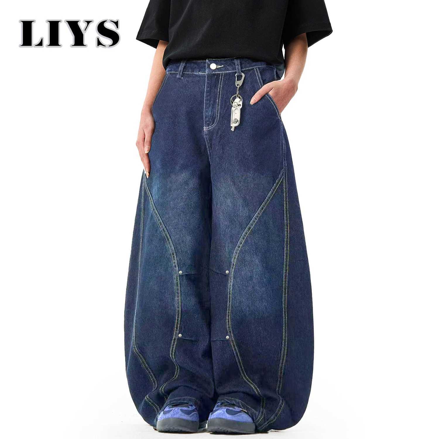 Mens American Retro Blue Loose Machete Wide Leg Jeans Unisex Baggy Straight Leg Sickle Denim Pants Deconstructed Balloon Pants J2510301