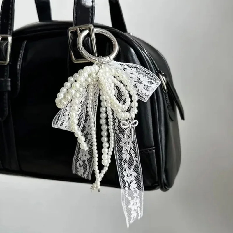 Sweet Handmade White Beaded Bowknot Lace Bag Charms Pendant Keychain Exquisite Backpack Keyring Decoration Fashion Accessories 251030