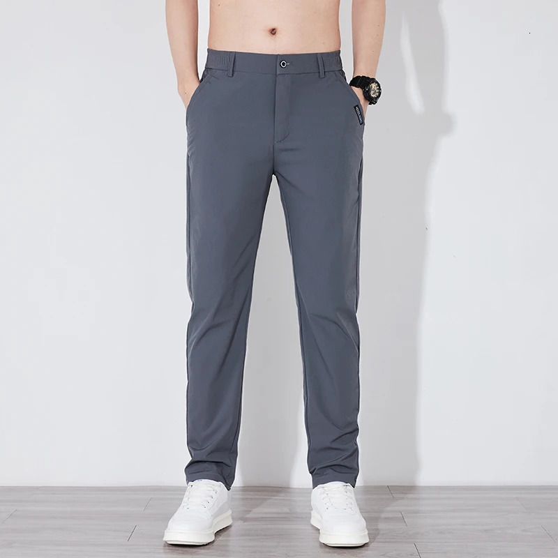 Summer Silk Stretch Smooth Trousers Men Business Elastic Waist Korean Classic Thin Cool Black Gray Casual Suit Pants Male 251028