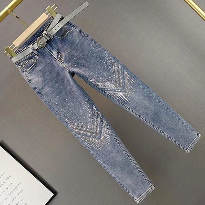 Womens Rhinestone Skinny Jeans High Waist 9 Points Pants Denim Overalls Elastic Heavy Industry Spring Autumn 251029