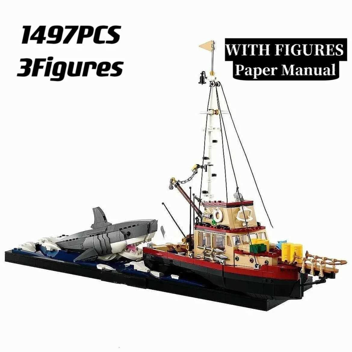 2025 New 21350 Great White Shark Model Pirate Ship Fishing Boat 1497PCS Building Block Set Model Toy Childrens Birthday GiftXJ251030