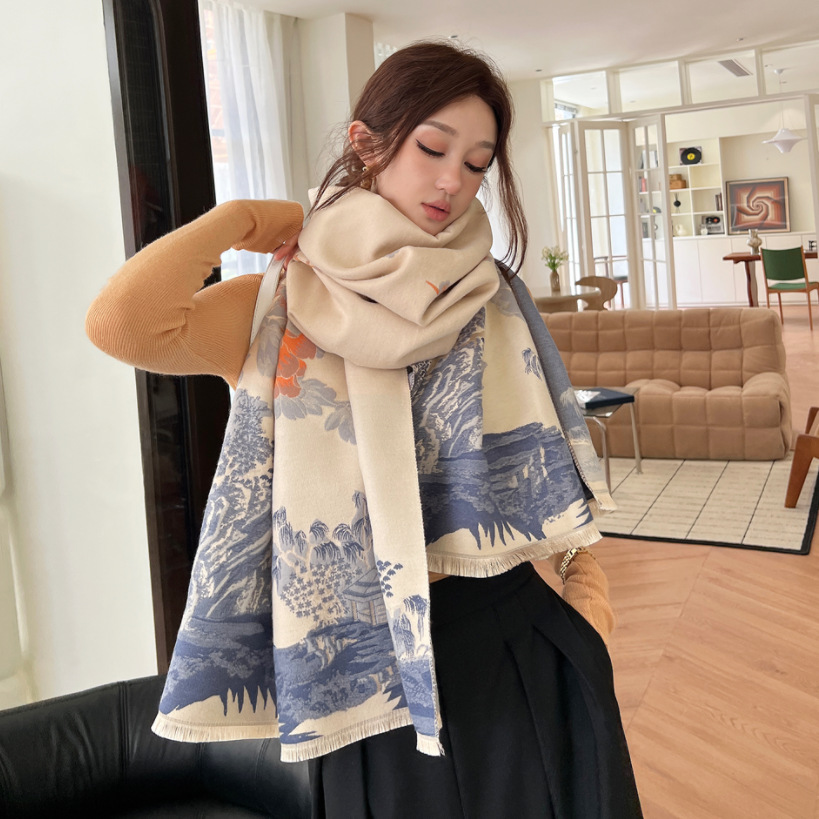 Korean Style Artistic Landscape Pattern Scarf Autumn And Winter Double Sided Thick Warm Large Shawl Scarf Retro Aesthetic Versatile Scarf