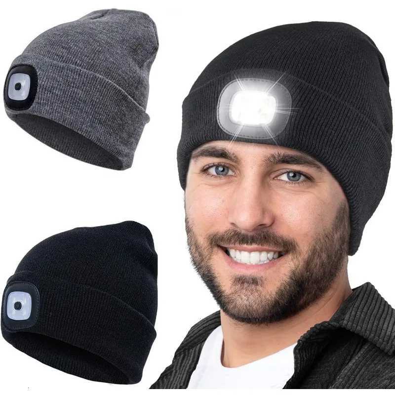 LED Lighted Beanie Hat USB Rechargeable Unisex Warm Winter Knitted Cap Headlamp Flashlight For Night Running CyclingXJ251030