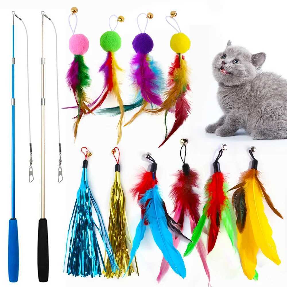 Threesection Fishing Rod Tassel Hair Ball Funny Cat 12piece Set of Color Feather Replacement Head Cat Toys Interactive S251029