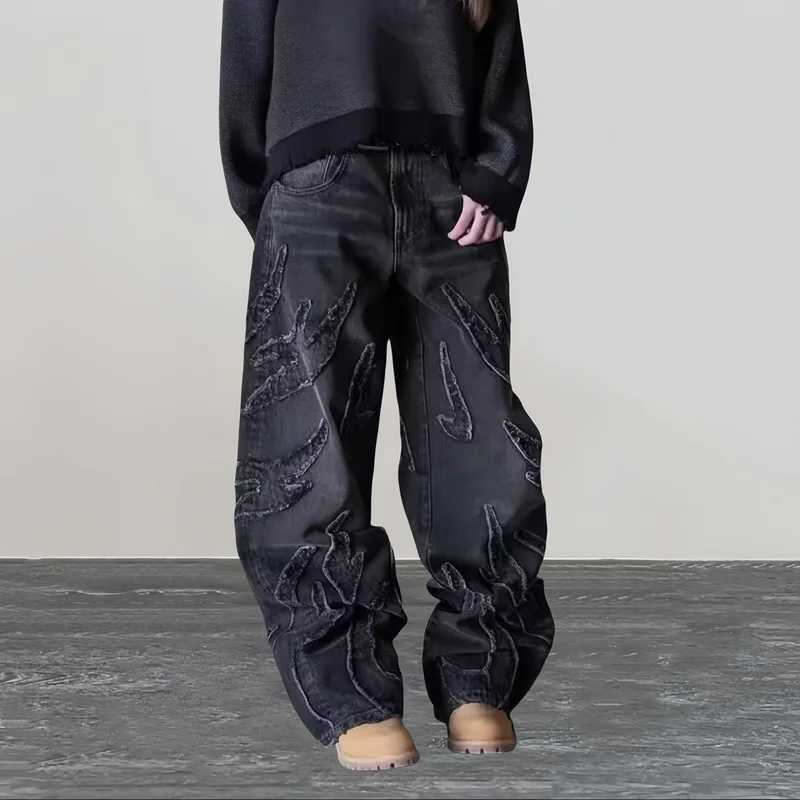 2024 Ropa Y2K Streetwear Flame Embroidery Baggy Stacked Jeans Pants For Men Clothes Harajuku Vintage Women Gothic Denim Trousers J251030
