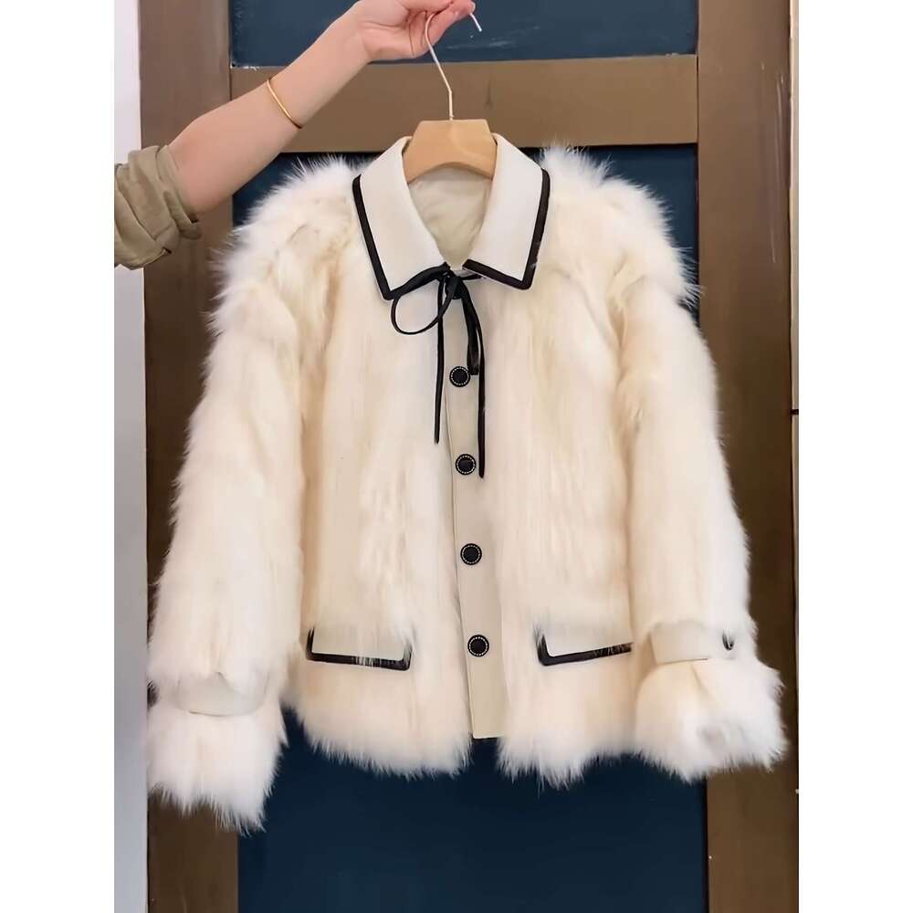 Women S Elegant Faux Fur Plush Thickened Jacket With Drop Shoulder Sleeves Single Breasted Button Front Contrast Trim Loose Fit Casual Chic Outerwear 