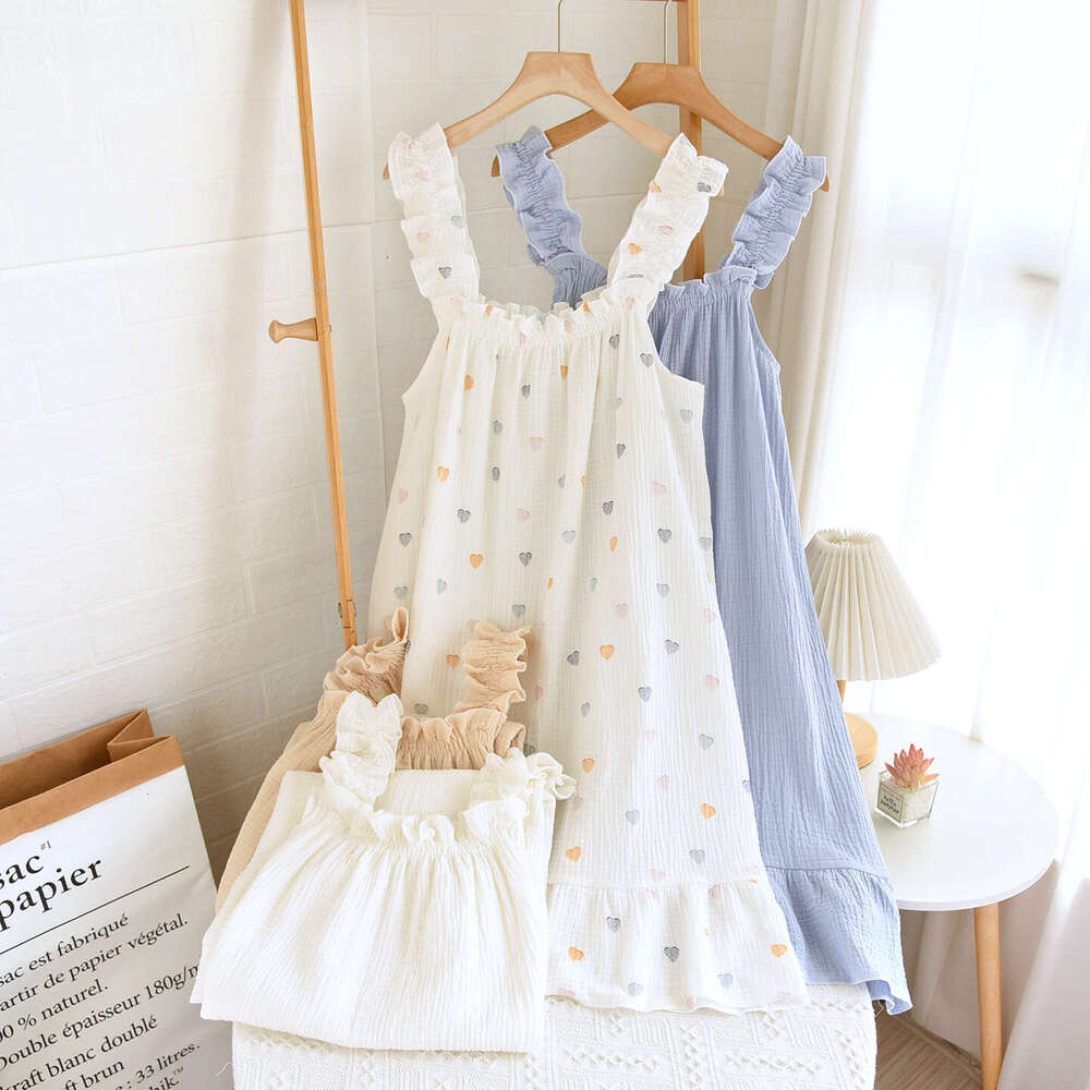 Nightdress for Women Summer Gauze Pure Cotton Thin Strap Nightgown Loose Mid-Length Sweet Cute Long Dress Homewear