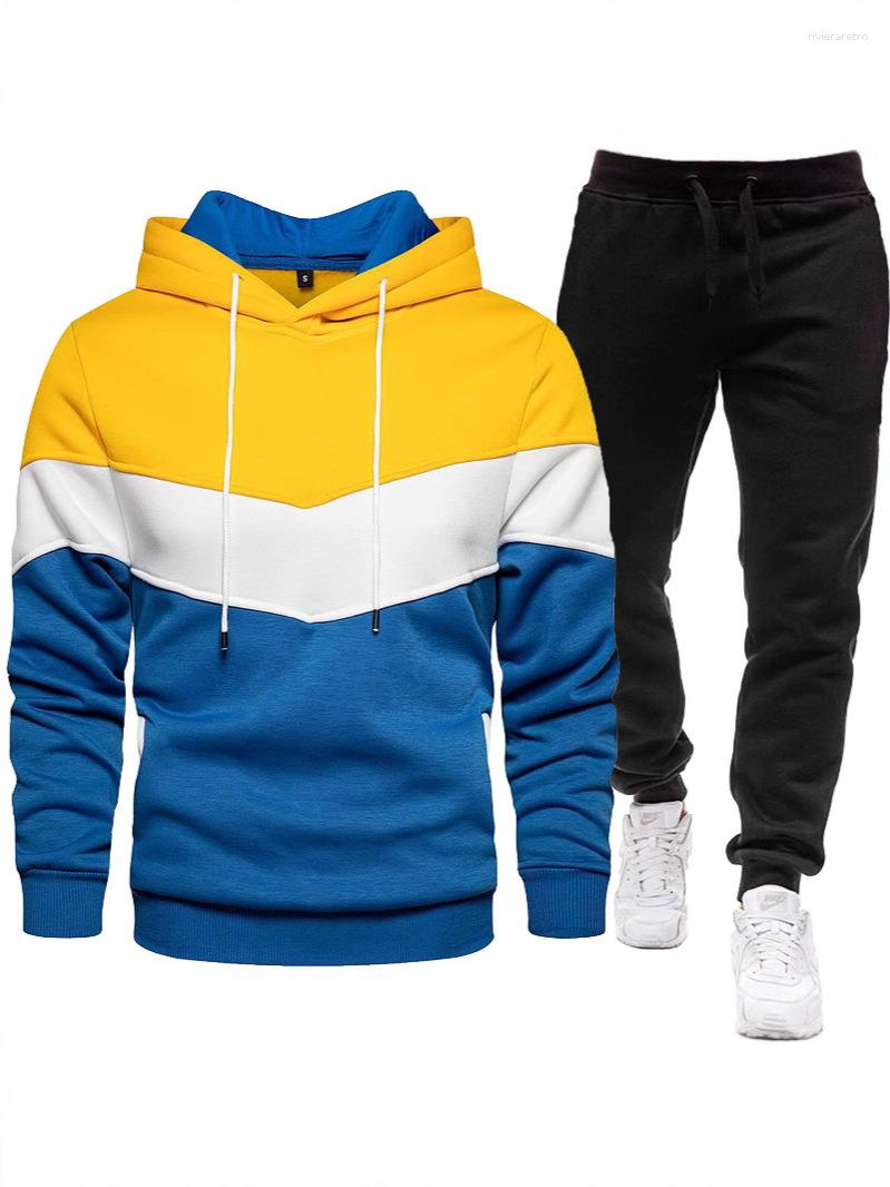 Men's Tracksuits European And American Sports Suits For Spring Autumn Patchwork Hooded Sweatshirt Long Pants Two-Piece Set Cross-Border