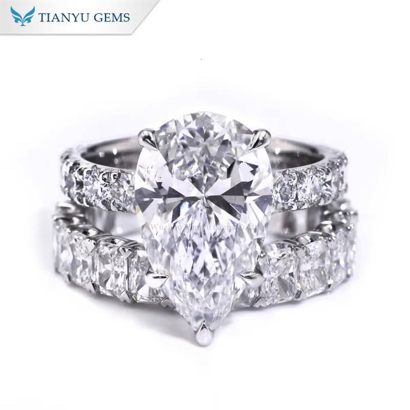 Tianyu 15x9mm Pear Cut Lab Grown Moissanite Diamond 14K 18K 10K Solid Gold Platinum Engagement Wedding Band Ring Sets