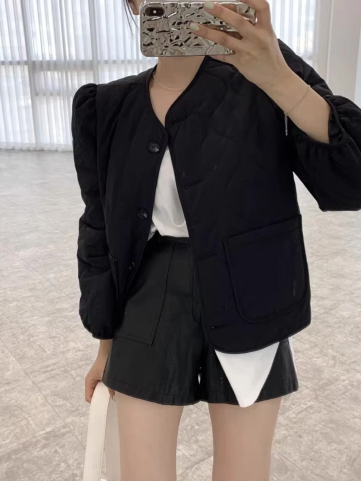 Winter ort Coat Womens Loose Fit Long Sve Bla Cotton Jaet Sli Agel Outerwear Top Button Detail Korean Sle 251030