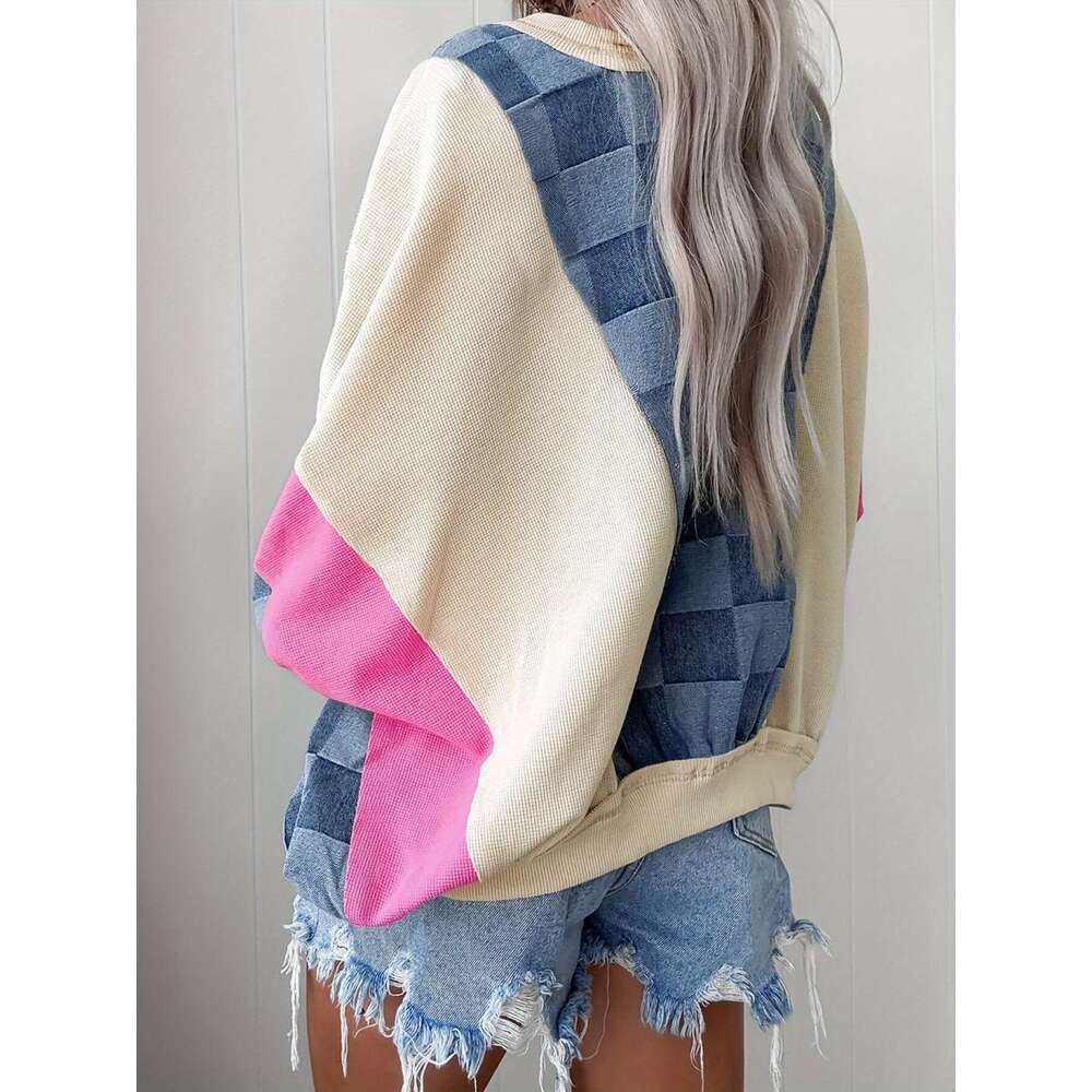 Sky Oversized Checkered Denim Exposed Seam Patchwork Sweatshirt Geometric Pattern Blue Pink Accents All Season Casual Elegant Pullover Hine Washable