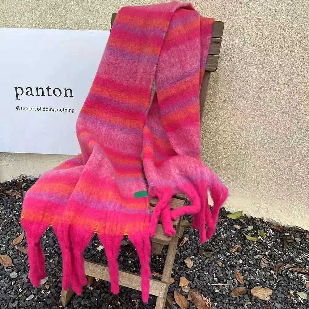 2025 Hot Korean Version of The New Female Autumnwinter Vintage Gradient Color Striped Scarf Student Neck Thickened Warm ShawlW251030