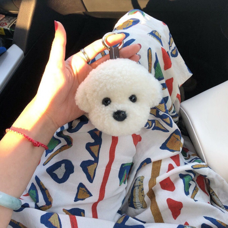 Cute Bichon Teddy Dog Plush Bag Charm Lamb Wool White Puppy Cartoon Keychain Birthday Gift