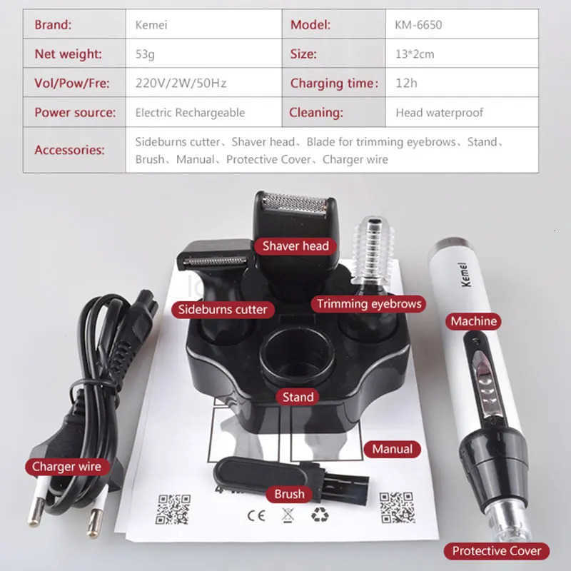 Kemei 6650 4in1 Rechargeable Nose Ear Hair Trimmer Men Grooming Kit Electric Eyebrow Beard Trimmer Micro Nose And Ears Trimmer Z251030