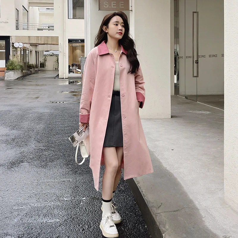 2025 Women Spring Long Trench Coat Contrast Color Pink Single Button Women Fashion Coat Casaco Feminino Trench Femme 251029